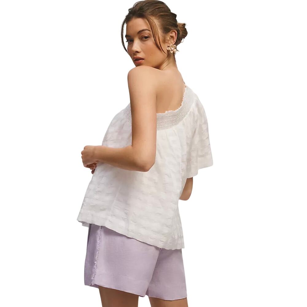 Anthropologie White One-Shoulder Textured Blouse with Lace Trim